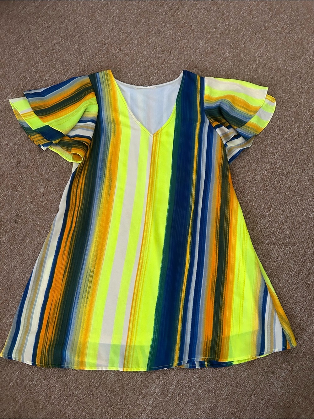 Bright Yellow, Blue & Orange Striped V-Neck dress